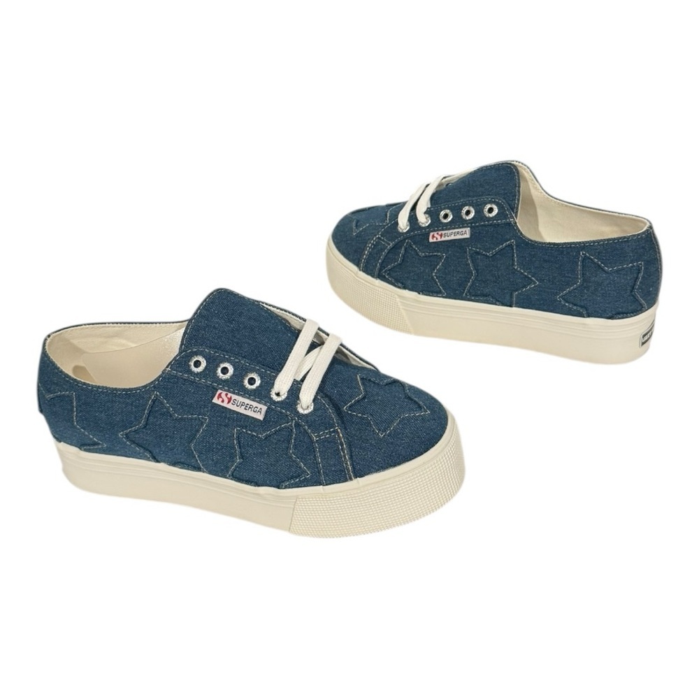 SUPERGA x LIZZY Denim Patch Star Low Top Platform Sneakers Size 7.5 NEW - Picture 2 of 6